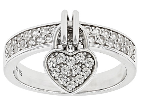 Pre-Owned White Zircon Rhodium Over Sterling Silver Heart Charm Ring 0.80ctw