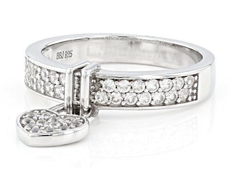 Pre-Owned White Zircon Rhodium Over Sterling Silver Heart Charm Ring 0.80ctw