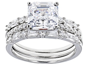 Pre-Owned Asscher Cut White Cubic Zirconia Platinum Over Silver Ring With Bands Set (2.84ctw DEW)