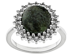 Pre-Owned Green Connemara Marble and White Cubic Zirconia Silver Tone Ring.