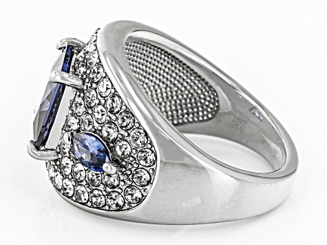 Pre-Owned Silver Tone Blue Crystal, Blue Cubic Zirconia, and White Crystal Ring