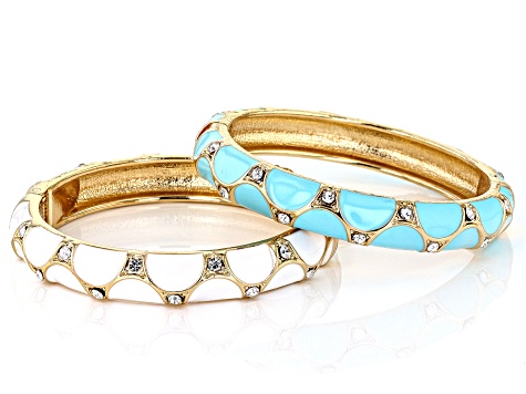 Pre-Owned White and Turquoise Enamel Gold Tone Set of 2 Bangle Bracelets