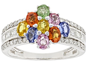 Pre-Owned Multi-Color Sapphire & White Diamond 14k White Gold Cluster Ring