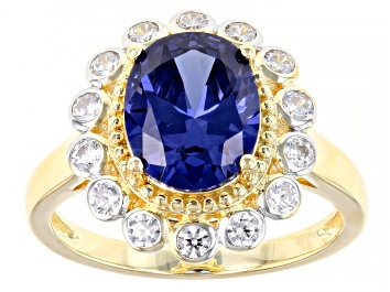 Picture of Pre-Owned Blue And White Cubic Zirconia 18K Yellow Gold Over Sterling Silver Ring 5.34ctw