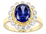 Pre-Owned Blue And White Cubic Zirconia 18K Yellow Gold Over Sterling Silver Ring 5.34ctw