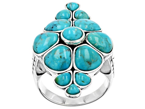 Pre-Owned Multi-Shape Turquoise Rhodium Over Sterling Silver Flower Ring