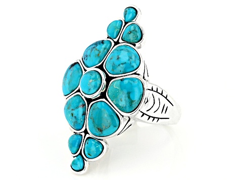 Pre-Owned Multi-Shape Turquoise Rhodium Over Sterling Silver Flower Ring