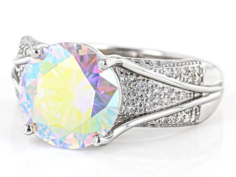 Pre-Owned Aurora Borealis And White Cubic Zirconia Rhodium Over Sterling Silver Ring 11.06ctw