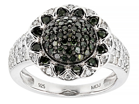 Pre-Owned Green And White Diamond Rhodium Over Sterling Silver Cluster Ring 1.00ctw