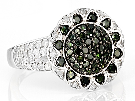 Pre-Owned Green And White Diamond Rhodium Over Sterling Silver Cluster Ring 1.00ctw