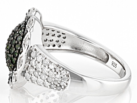 Pre-Owned Green And White Diamond Rhodium Over Sterling Silver Cluster Ring 1.00ctw