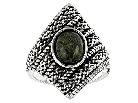 Pre-Owned Green Connemara Marble Silver Tone Ring 9x8mm
