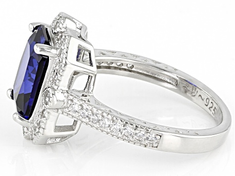 Pre-Owned Lab Created Blue Sapphire And White Cubic Zirconia Platinum Over Sterling Silver Ring 4.21