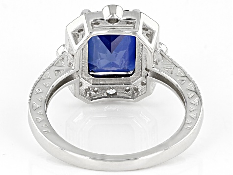 Pre-Owned Lab Created Blue Sapphire And White Cubic Zirconia Platinum Over Sterling Silver Ring 4.21