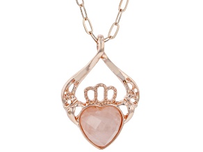 Pre-Owned 13x11mm Rose Quartz Rose Tone Claddagh Pendant With Chain