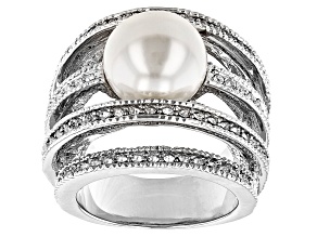 Pre-Owned Silver Tone Crystal and White Pearl Simulant Ring