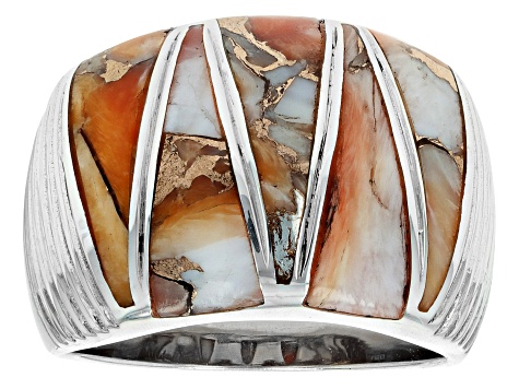 Pre-Owned Orange Spiny Oyster Shell Rhodium Over Sterling Silver Ring