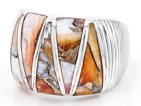 Pre-Owned Orange Spiny Oyster Shell Rhodium Over Sterling Silver Ring