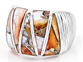 Pre-Owned Orange Spiny Oyster Shell Rhodium Over Sterling Silver Ring