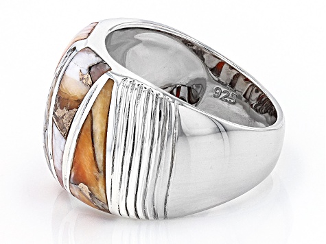 Pre-Owned Orange Spiny Oyster Shell Rhodium Over Sterling Silver Ring