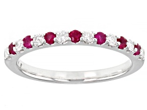 Pre-Owned Red Ruby & White Diamond 14k White Gold July Birthstone Band Ring 0.42ctw