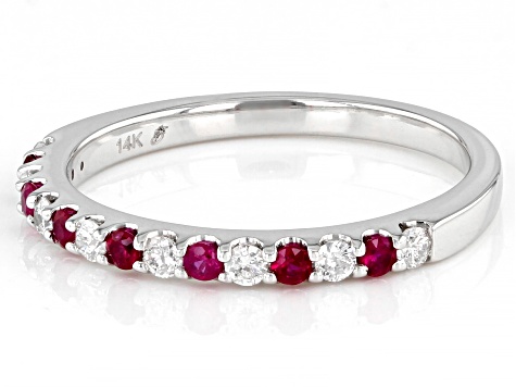 Pre-Owned Red Ruby & White Diamond 14k White Gold July Birthstone Band Ring 0.42ctw