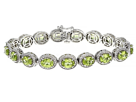 Pre-Owned Green Peridot With White Diamond Rhodium Over Sterling Silver Bracelet 12.56ctw