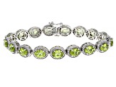 Pre-Owned Green Peridot With White Diamond Rhodium Over Sterling Silver Bracelet 12.56ctw