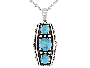 Pre-Owned Round Blue Turquoise Rhodium Over Silver 3-Stone Pendant With 18" Chain