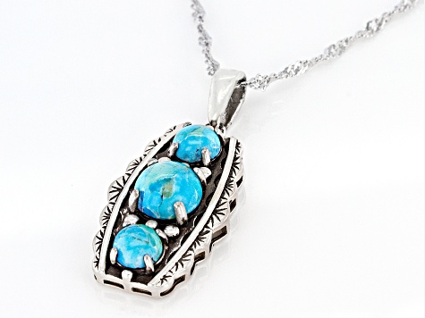 Pre-Owned Round Blue Turquoise Rhodium Over Silver 3-Stone Pendant With 18" Chain