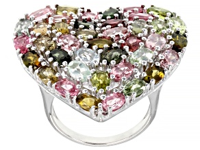 Pre-Owned Multi-Color Tourmaline Rhodium Over Sterling Silver Heart Shape Ring 7.48ctw