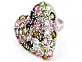 Pre-Owned Multi-Color Tourmaline Rhodium Over Sterling Silver Heart Shape Ring 7.48ctw
