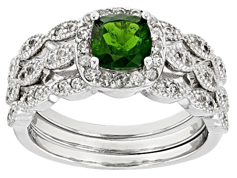 Pre-Owned Green Chrome Diopside Rhodium Over Sterling Silver Ring Set 1.58ctw