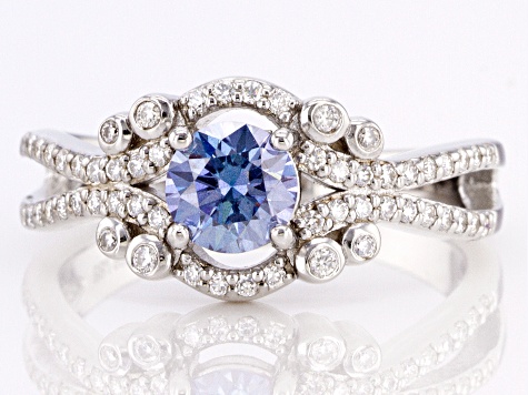 Pre-Owned Blue and Colorless Moissanite Platineve Ring 1.16ctw DEW.
