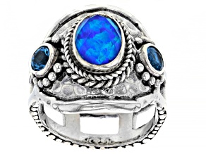 Pre-Owned Lab Created Twilight Opal Quartz Doublet, Topaz Silver Ring 2.18ctw