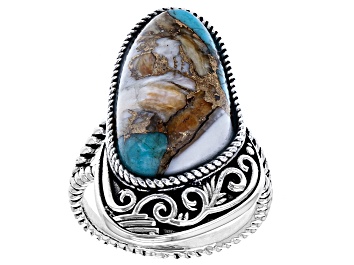 Picture of Pre-Owned Blended Turquoise and Spiny Oyster Rhodium Over Silver Ring