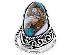 Pre-Owned Blended Turquoise and Spiny Oyster Rhodium Over Silver Ring