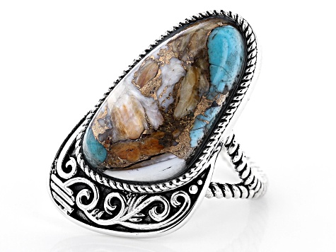 Pre-Owned Blended Turquoise and Spiny Oyster Rhodium Over Silver Ring