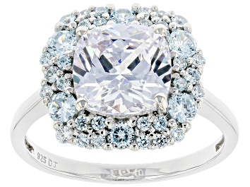 Picture of Pre-Owned White And Blue Cubic Zirconia Rhodium Over Sterling Silver Ring 9.33ctw