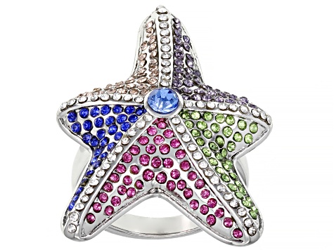 Pre-Owned Silver Tone Multi Color Crystal Starfish Ring
