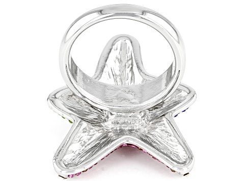 Pre-Owned Silver Tone Multi Color Crystal Starfish Ring