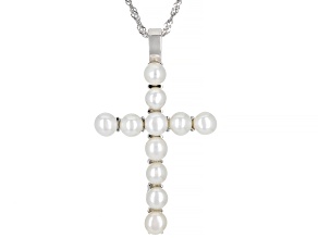 Pre-Owned White Cultured Freshwater Pearl Rhodium Over Sterling Silver Cross Enhancer With Chain