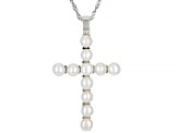 Pre-Owned White Cultured Freshwater Pearl Rhodium Over Sterling Silver Cross Enhancer With Chain