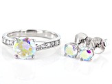 Pre-Owned Aurora Borealis And White Cubic Zirconia Rhodium Over Sterling Silver Ring And Earrings Se