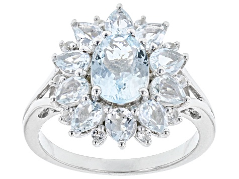 Pre-Owned Mixed Shape Aquamarine With White Topaz Rhodium Over Sterling Silver Ring 2.33ctw