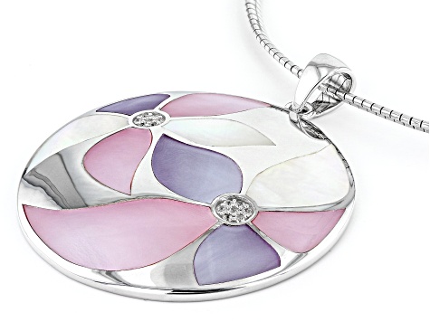 Pre-Owned Multi Color South Sea Mother-Of-Pearl With White Zircon Rhodium Over Silver Pendant With C