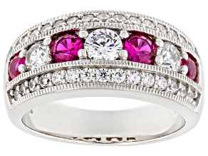 Pre-Owned Red Lab Created Ruby And White Cubic Zirconia Platinum Over Silver Ring 1.87ctw