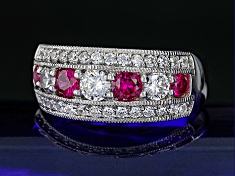 Pre-Owned Red Lab Created Ruby And White Cubic Zirconia Platinum Over Silver Ring 1.87ctw