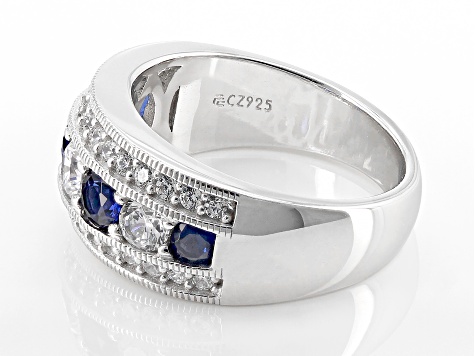 Pre-Owned Sapphire Simulant And White Cubic Zirconia Platinum Over Silver Ring 1.87ctw
