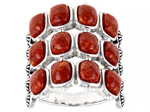 Pre-Owned  Red Sponge Coral Rhodium Over Sterling Silver Multi Row Ring